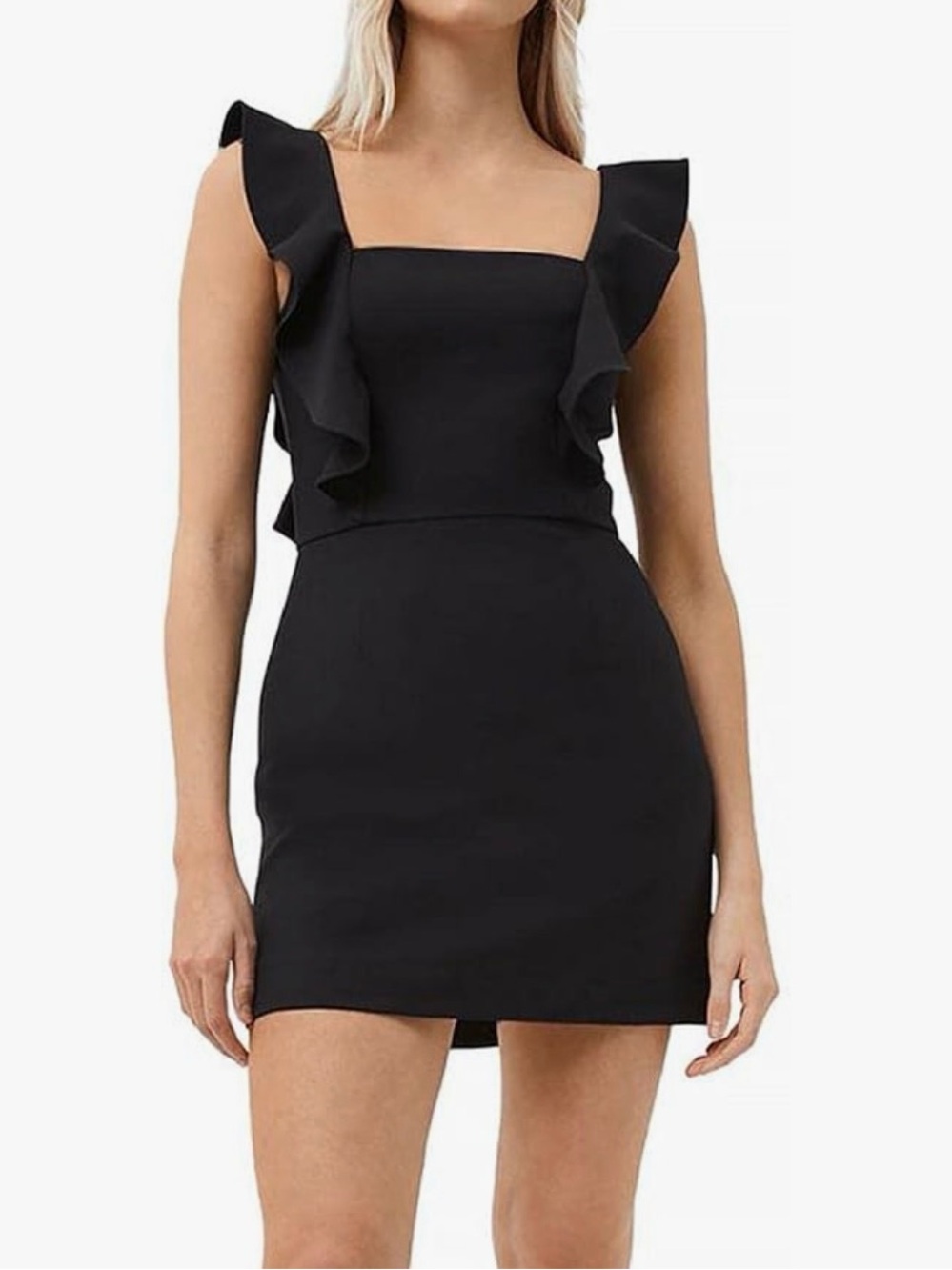 French Connection Black Mini Dress with Ruffle Sleeves